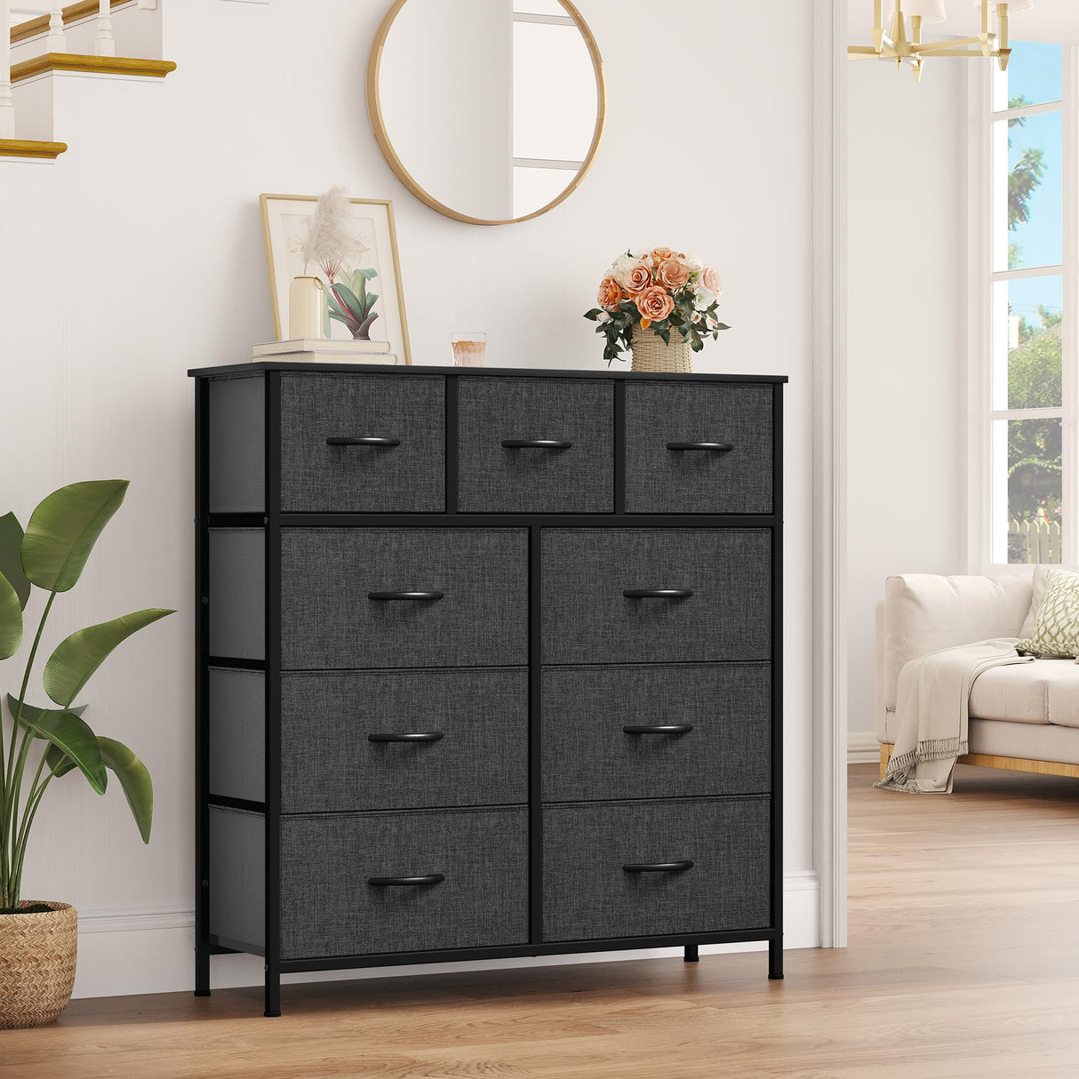 Dresser with 9 Drawers - Fabric Storage Tower, Tall Chest Organizer Unit