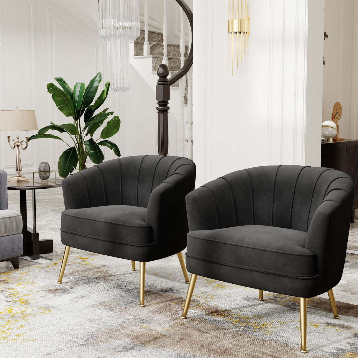 Upholstered Modern Single Sofa Side Chair,Comfy Barrel Club Living Room Armchair with Golden Metal Legs for Bedroom Living Reading Room Office, Black