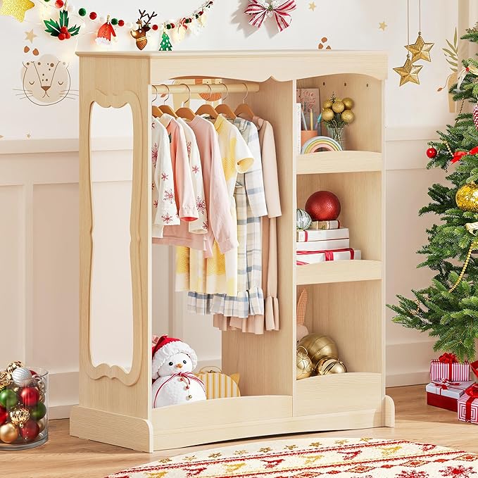 Kids Dress Up Storage with Flower Mirror, Open Hanging Closet Wardrobe for Children