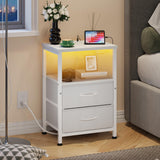 Night Stand Set 2 with Charging Station and 2 Fabric Drawers, Side Table with Storage for