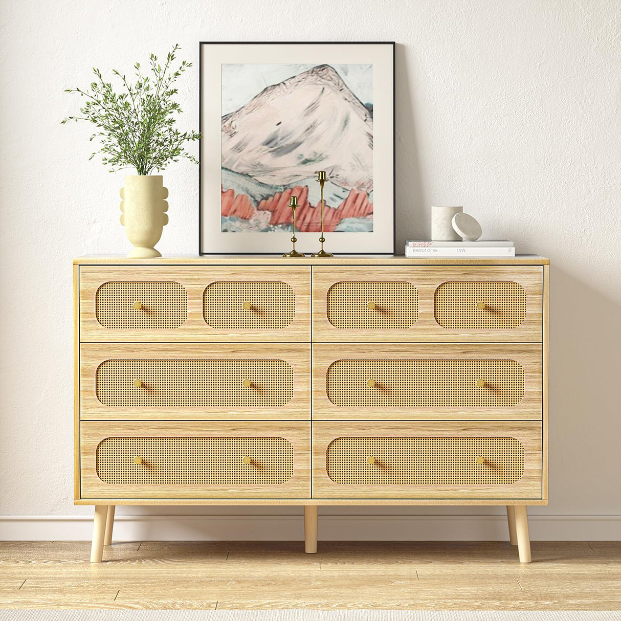 Rattan Dresser for Bedroom, Modern 6 Drawer Double Dresser with Gold Handles