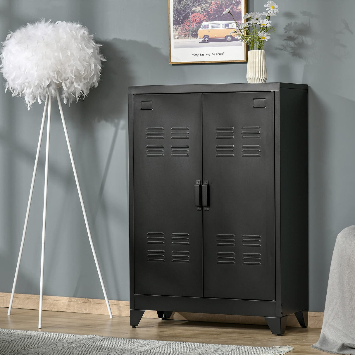 Industrial Storage Cabinet, Steel Garage Cabinet with Double Doors and Adjustable Shelves