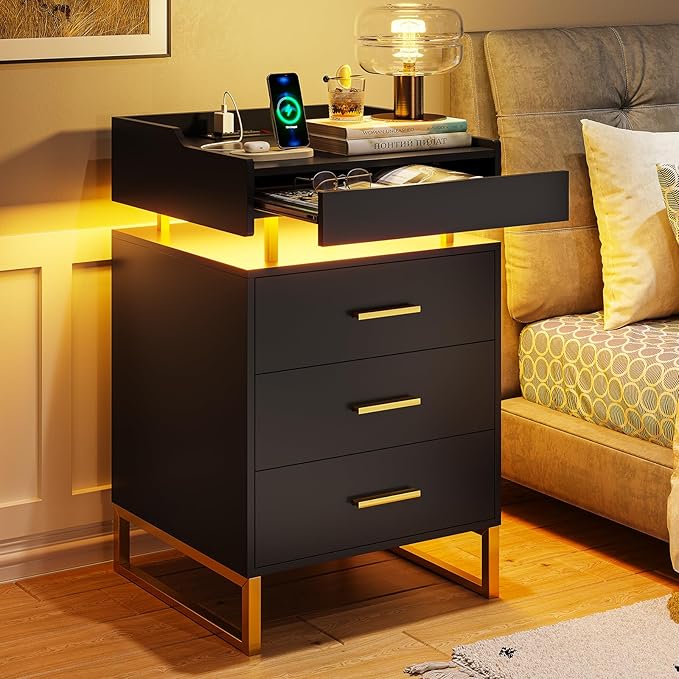 LED Nightstand with Charging Station, Large Night Stand with 3 Drawers and 1 Pull-Out Tray