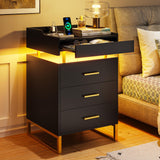 LED Nightstand with Charging Station, Night Stand with 3 Drawers and 1 Pull-Out Tray,