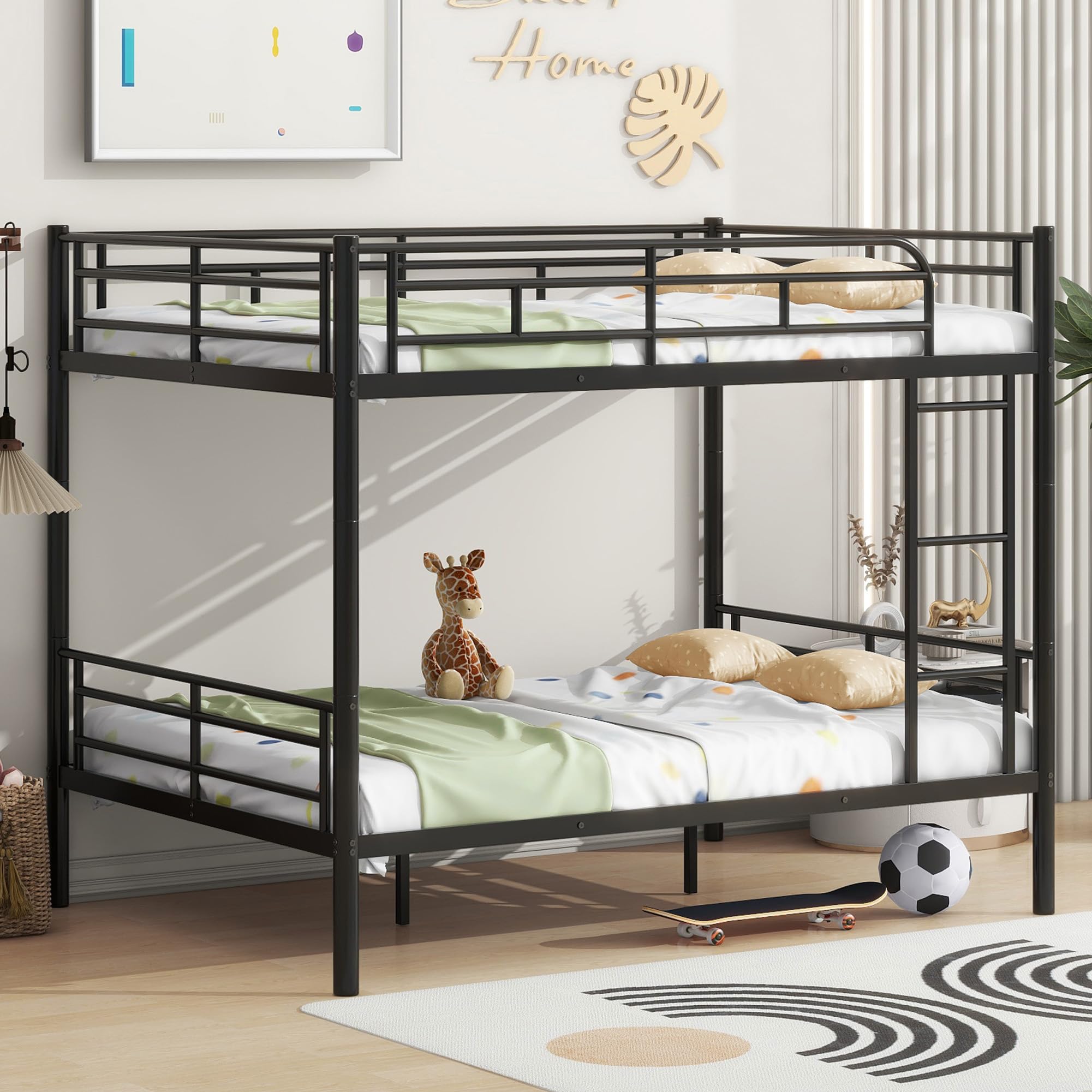 Beds with Ladder and high Guardrail, Convertible Bed Frame, Heavy Duty Metal Slat Full