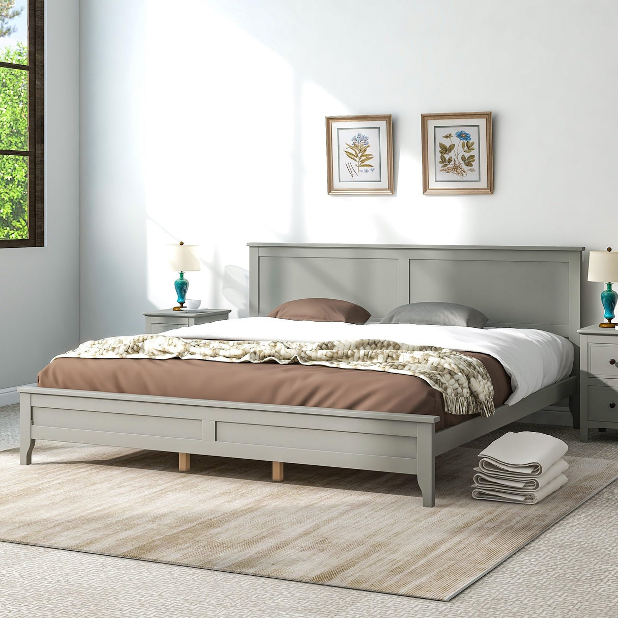 Gray Solid Wood Bed Platform with Stylish Tapered Legs and Durable Finish Gray - King