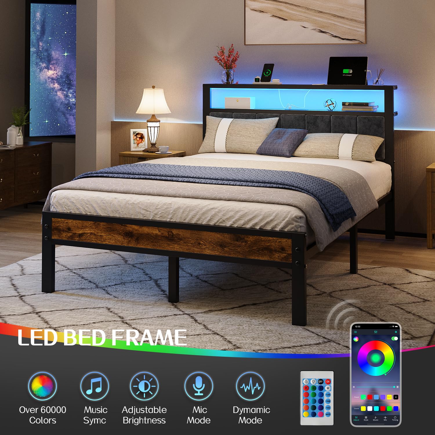 Full Platform Bed with LED Lights & Charging Station