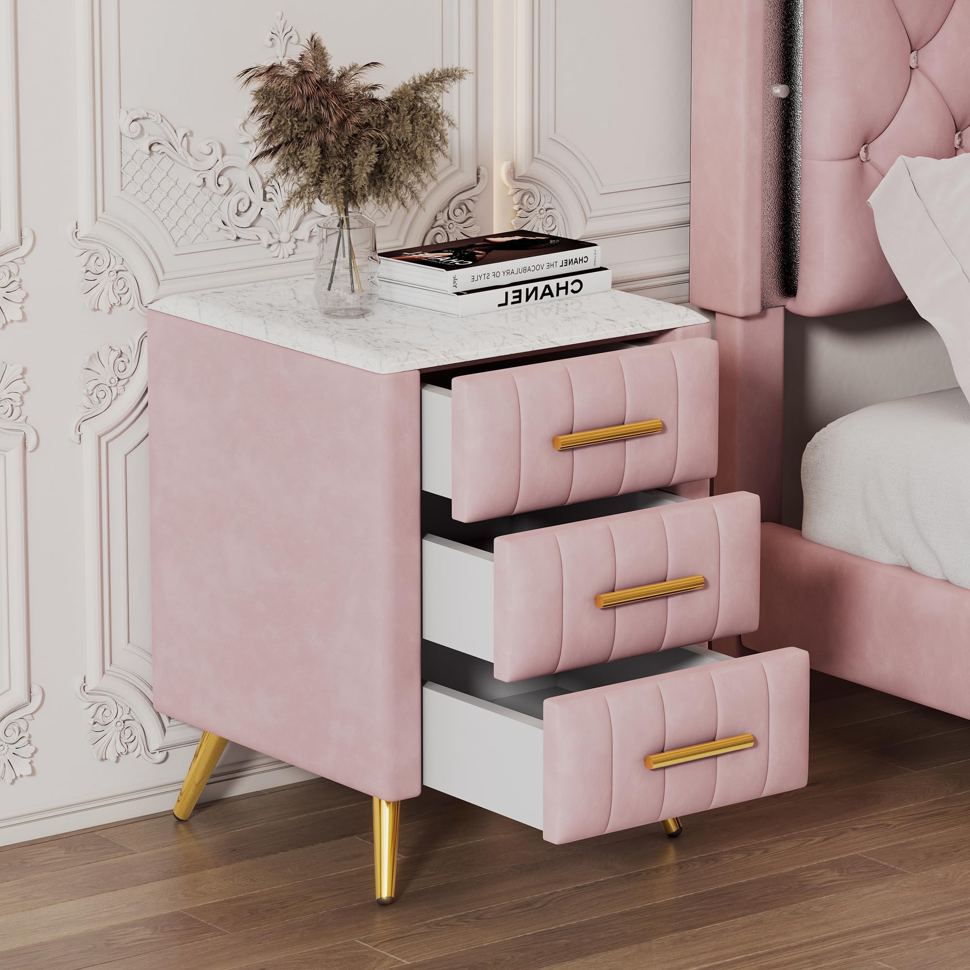 with 3 Storage Drawers, Upholstered Wood Bedside End Table