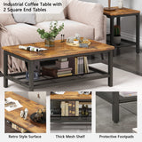 3 Pieces Coffee Table Set, Industrial Coffee Table with 2 Square End Side Tables