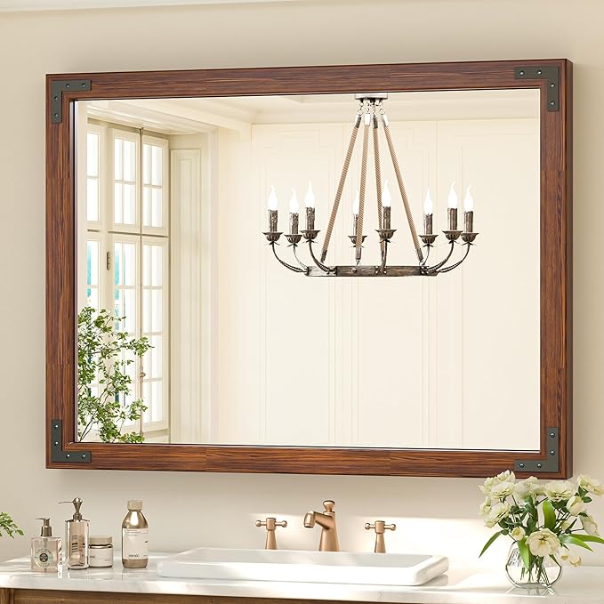 40 x 30 Inches Wood Frame Mirror for Wall, Dark Brown Walnut Wood Farmhouse Bathroom