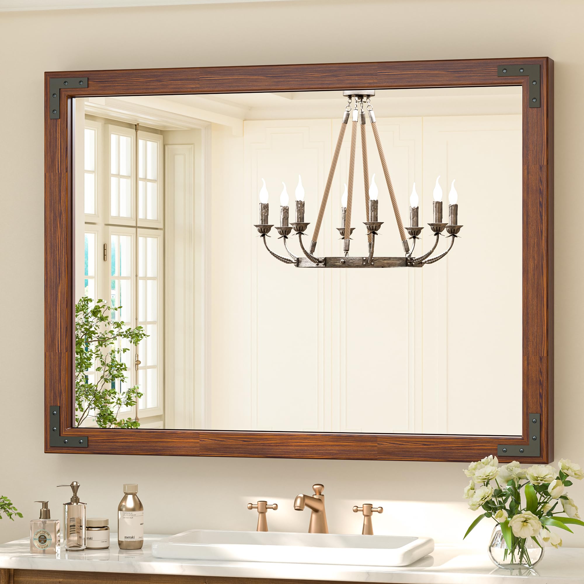 40 x 30 Inches Wood Frame Mirror for Wall, Dark Brown Walnut Wood Farmhouse Bathroom