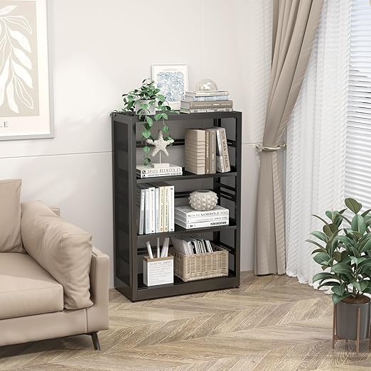 3 Tier Bookshelf, Metal Storage Book Shelf, Black Modern Display Bookcase
