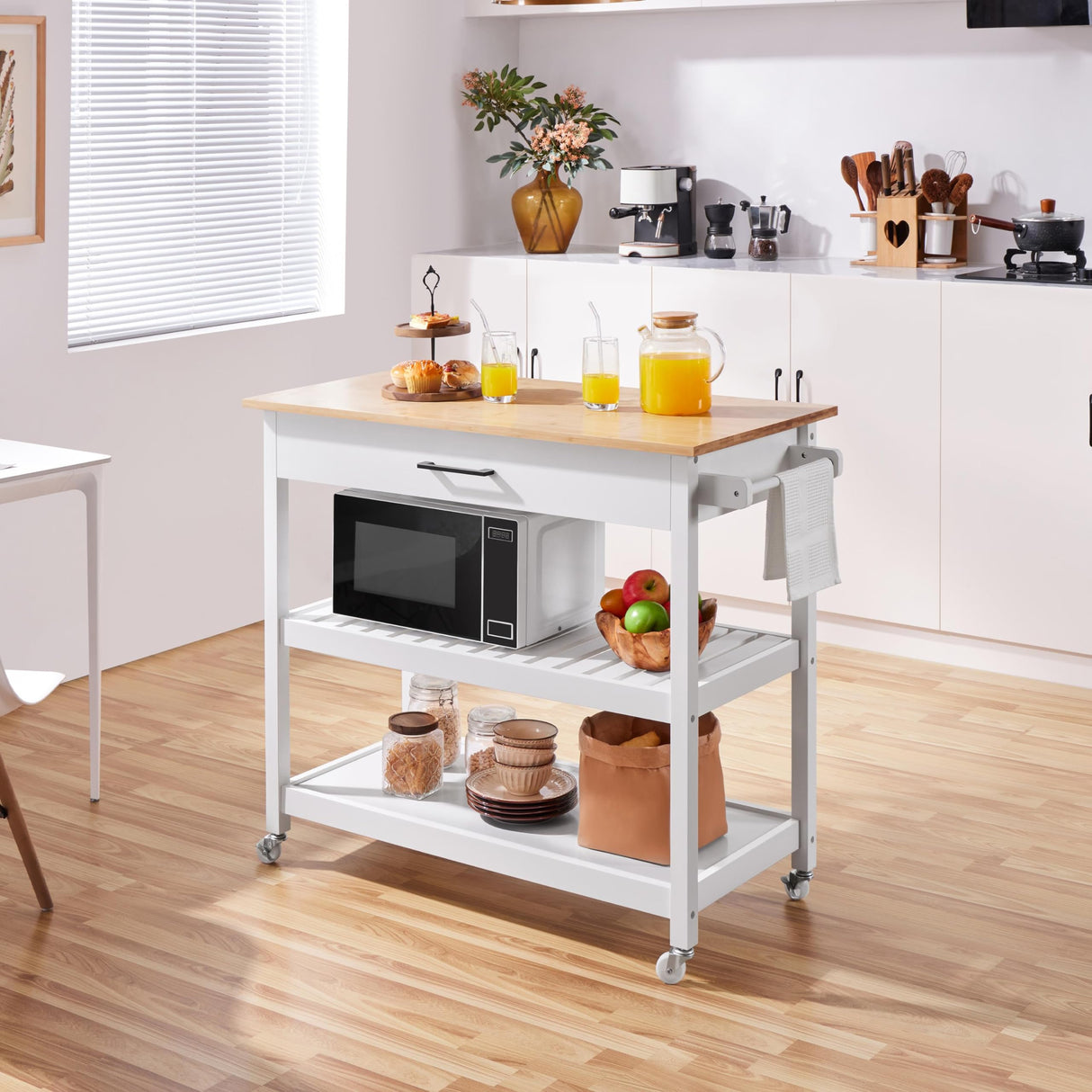 Kitchen Island Cart on Wheels, 3 Tiers Rolling Utility Cart with Solid Wood