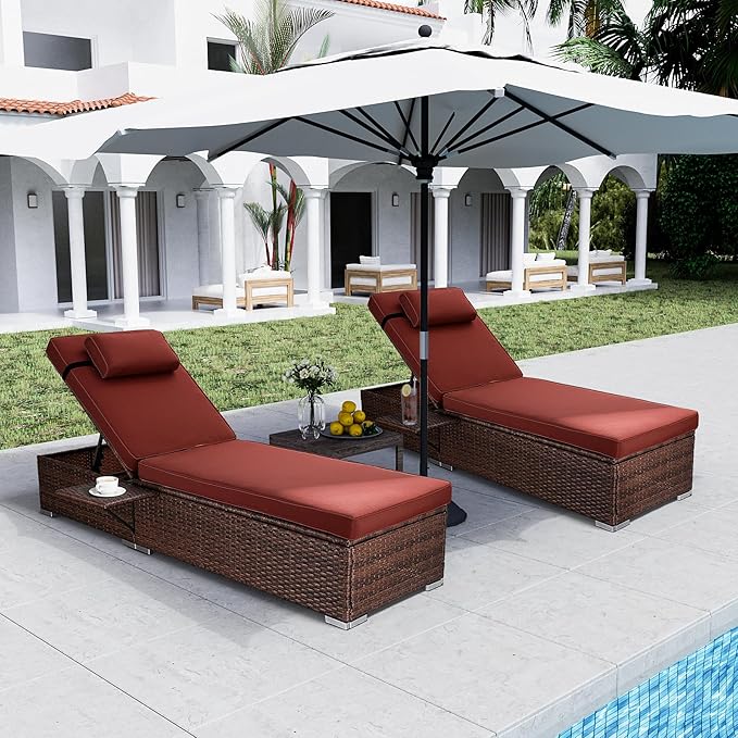 Outdoor PE Wicker Patio Lounge Chairs Set of 2, Outside Rattan Pool Lounge Chair