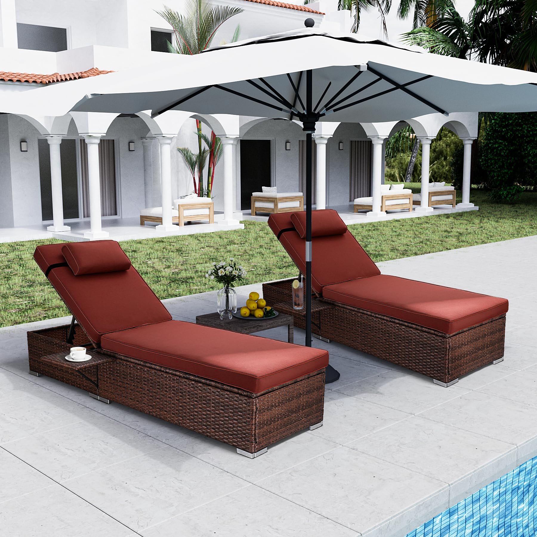 OUYESSIR Lounge Chairs for Outside, Adjustable 5 Position Patio PE Rattan Pool Lounge Chair with Cup Holder, Outdoor Reclining Wicker Chairs Set of 2 for Poolside Deck Beach Yard (Brown-Red)