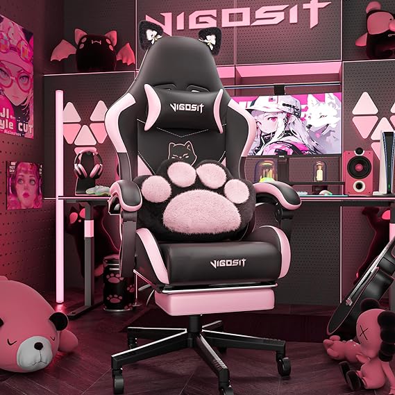 Pink Gaming Chair with Cat Paw Lumbar Cushion and Cat Ears