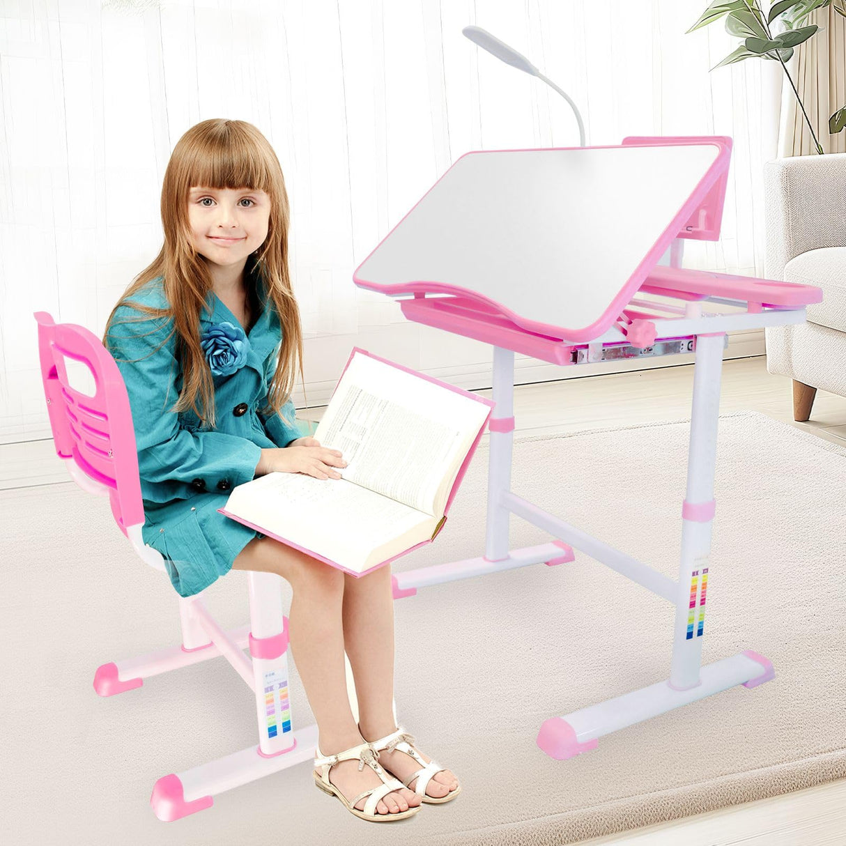 Kids Desk and Chair Set, Height Adjustable Child's School Study Writing Tables