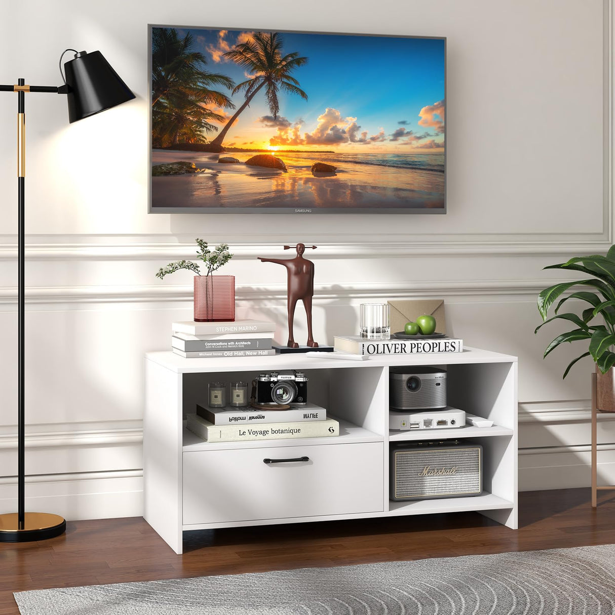 White TV Stand for TVs up to 50”, Modern Media Console Table w/ 3 Open Shelves & 1)