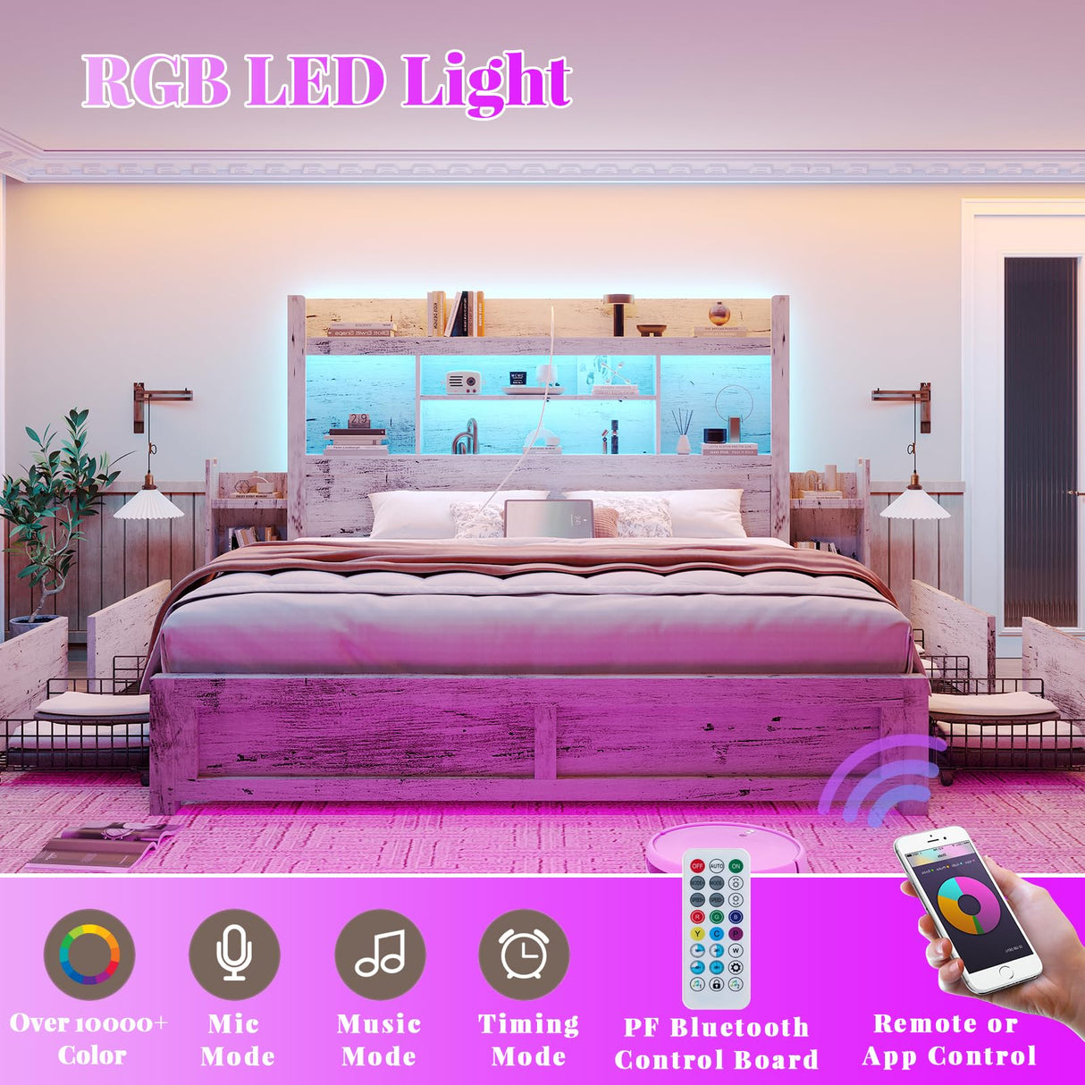 King Bed Frame with 49.6" Bookcase Headboard & 2 Detachable Bedside Stoage Racks