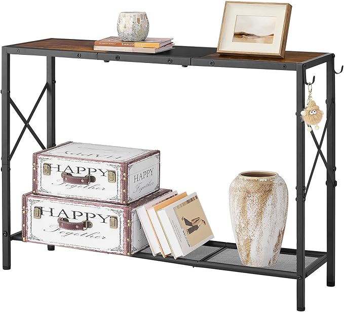 Gold Console Table, 2 Tier Narrow Entryway Table with Shelves and Hooks,