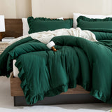 Dark Emerald Green Comforter Set Queen, 3 Pieces Solid Ruffle Farmhouse Bedding Set