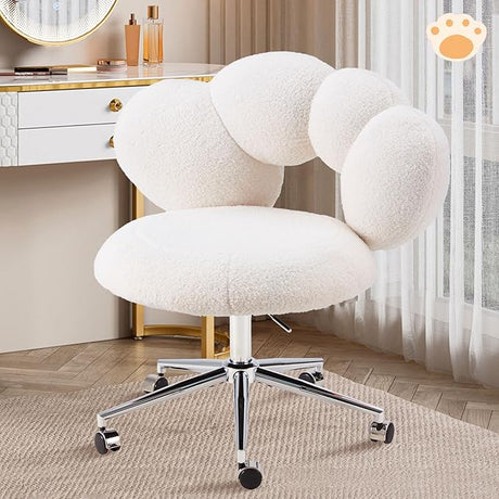 Armless Desk Chair Teddy Fabric Makeup Vanity Chair with Wheels & Adjustable Height Cute Office Chair Criss Cross Cross