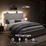 Queen Upholstered Bed Frame with Storage Headboard & LED Lights - White