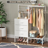 HIGDBFE Small Dresser with Hanging Rack, Kids Dresser with 3 Drawers&4 Hooks for Grid Panel, Clothes Dresser with Shoes Rack, Closet Dresser for Bedroom, Kids Room, Entry Way, Rustic Brown