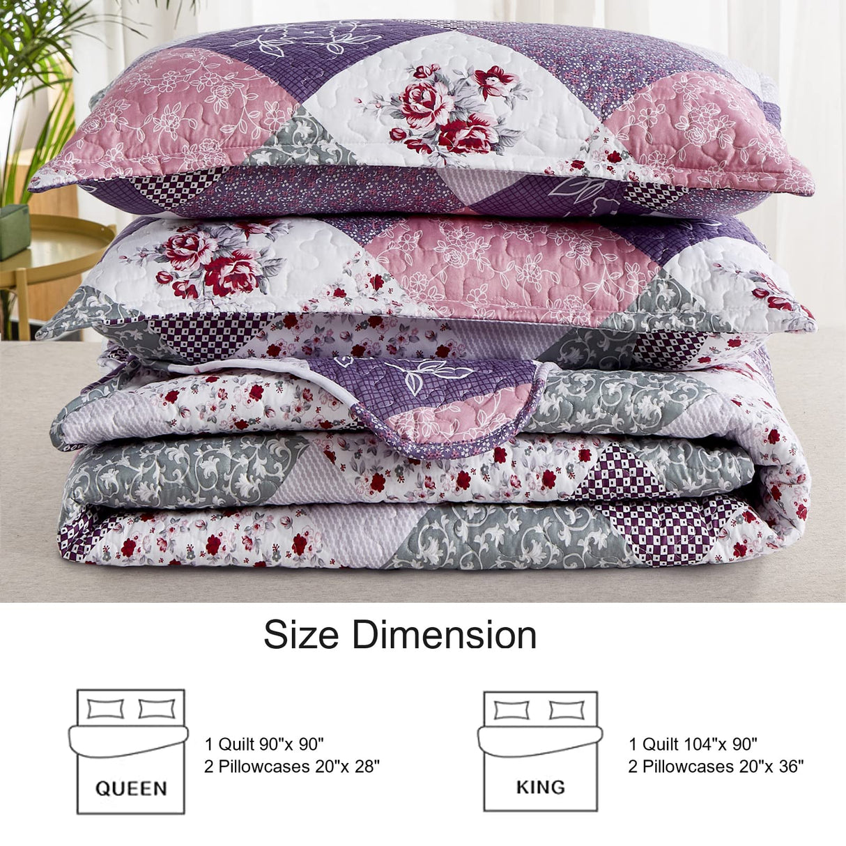 Purple Quilt Set Queen Size, Reversible Floral Plaid Patchwork Pattern Bedding