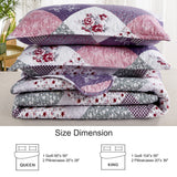 Purple Quilt Set Queen Size, Reversible Floral Plaid Patchwork Pattern Bedding