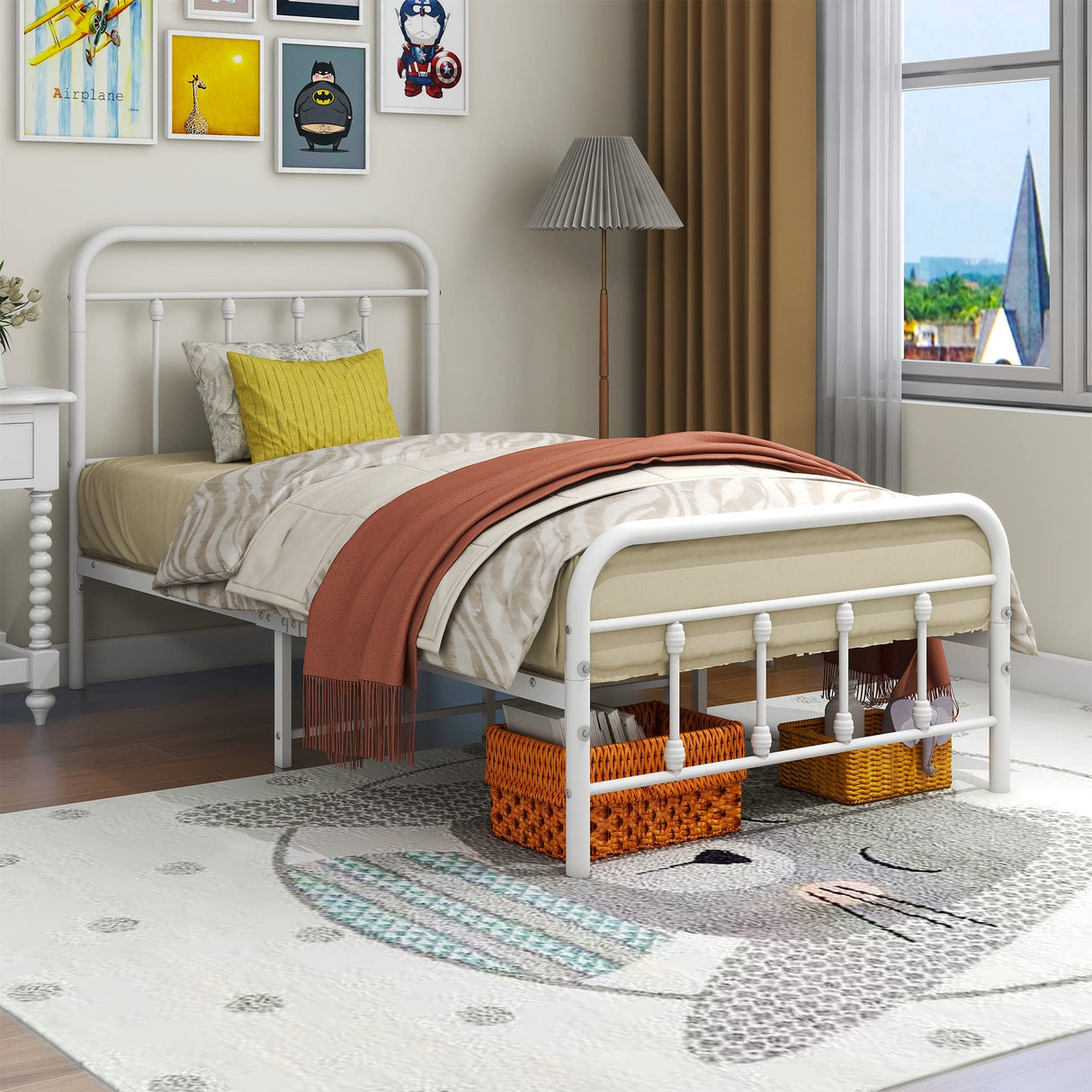Metal Twin Bed Frame with Vintage Headboard and Footboard