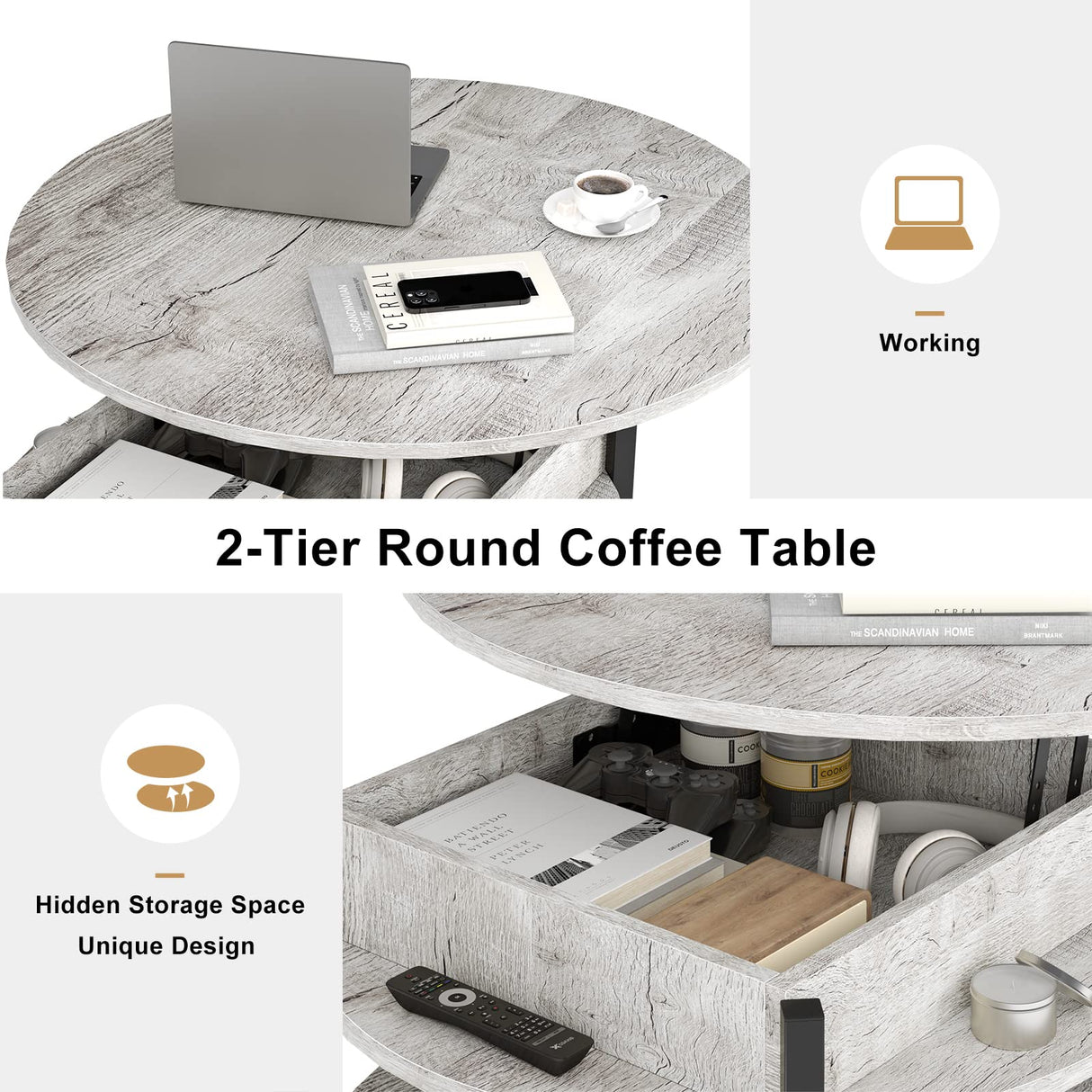 Round Lift Top Coffee Table, 35.43’’ Circle Coffee Table with Storage