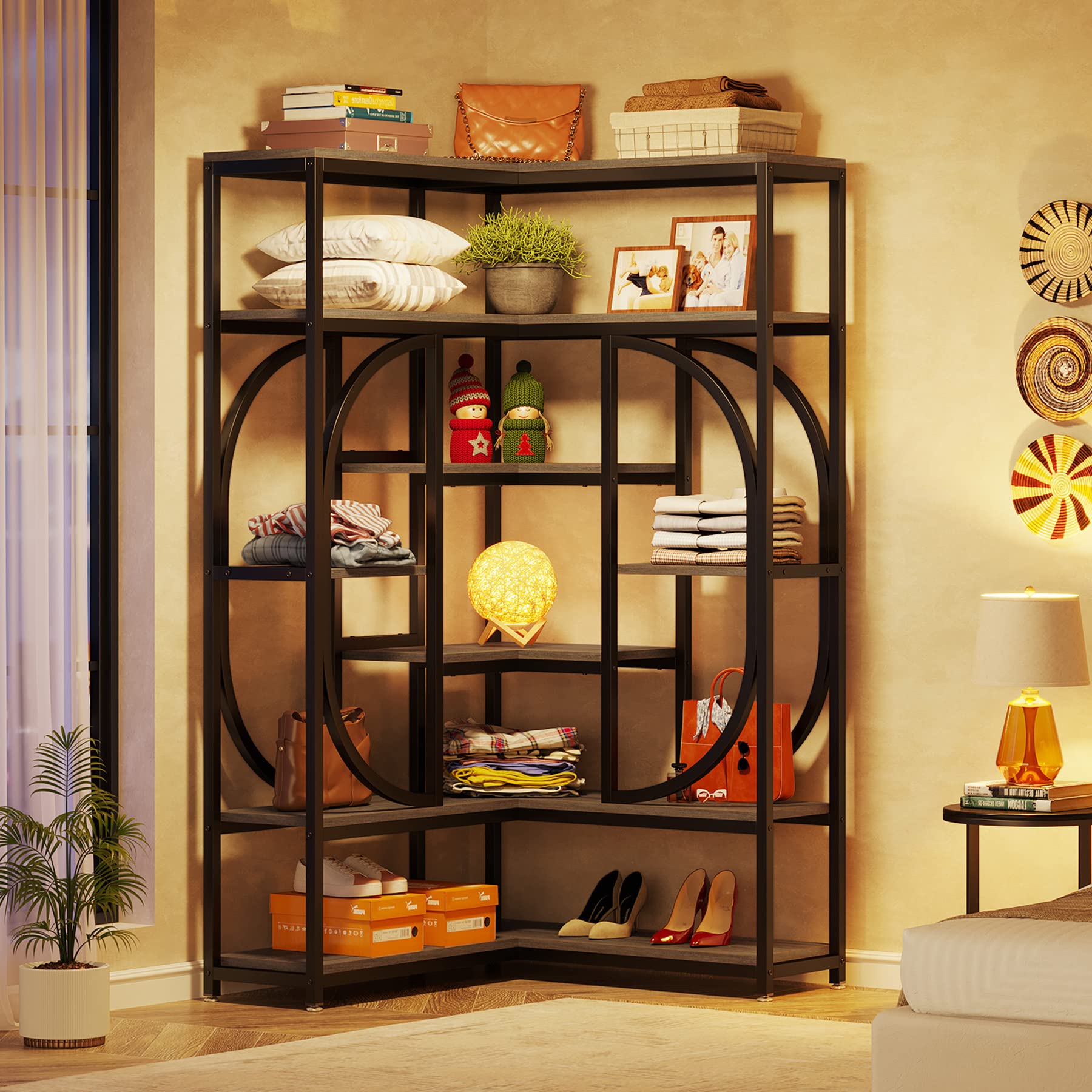 7-Shelf Corner Bookshelf, Large Modern Corner Bookcase, Tall L-Shaped Corner Shelf