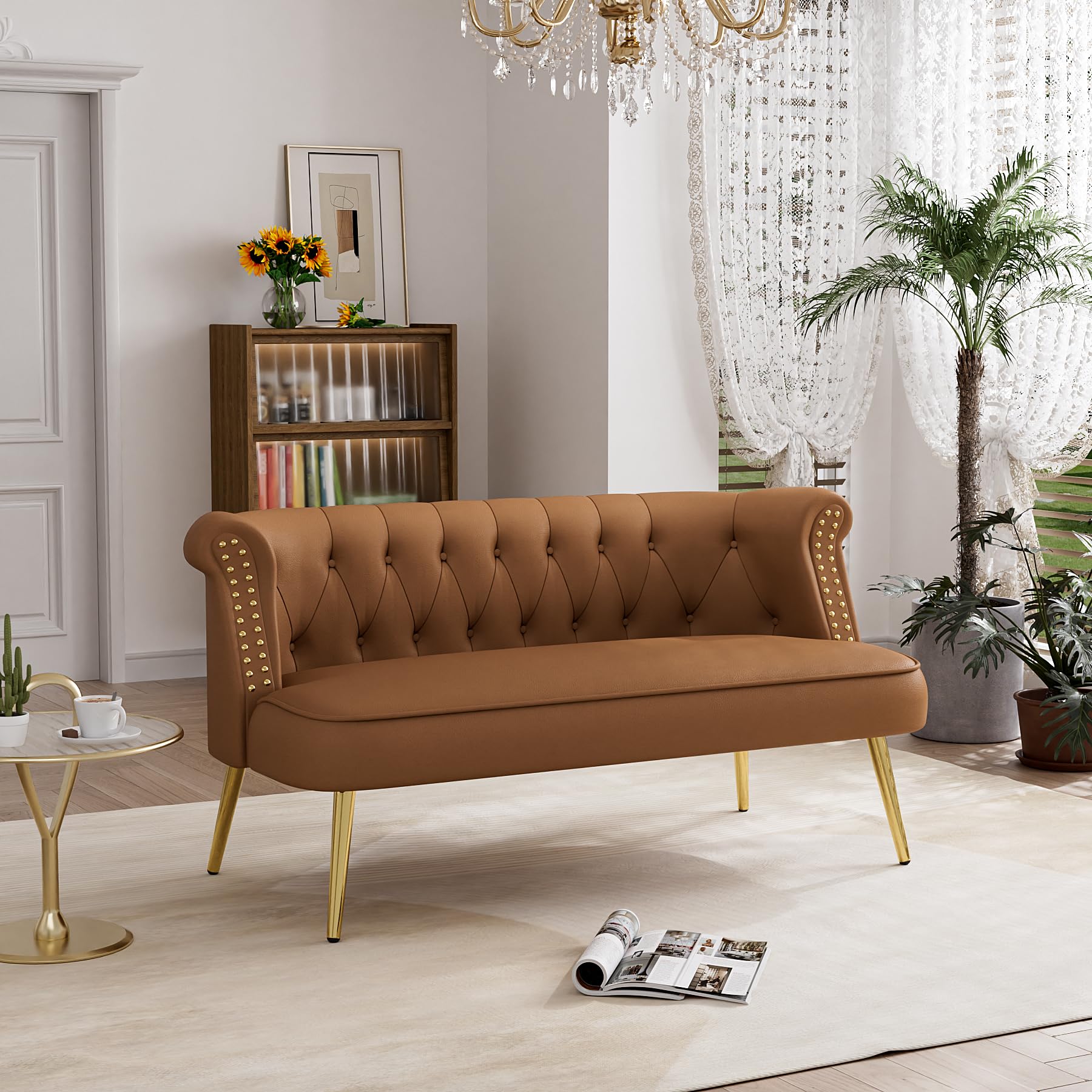 Loveseat Chesterfield Sofa with Gold Legs, Upholstered Tufted Vintage Victorian