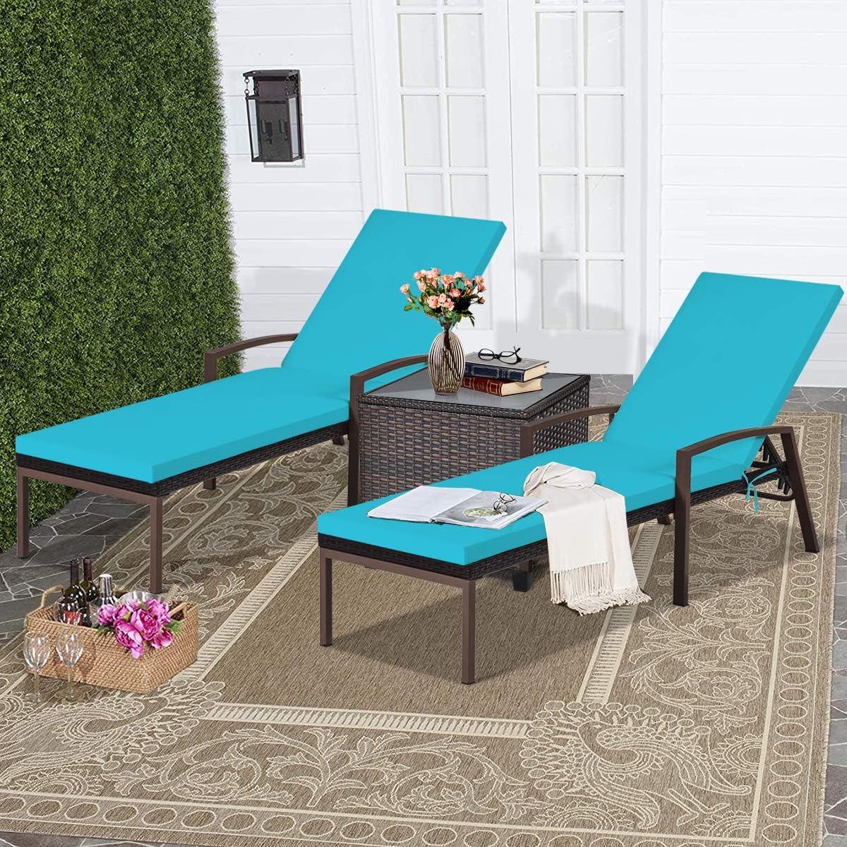 Patio Rattan Lounge Chair, Outdoor Reclining Chaise with Cushion and Armrest