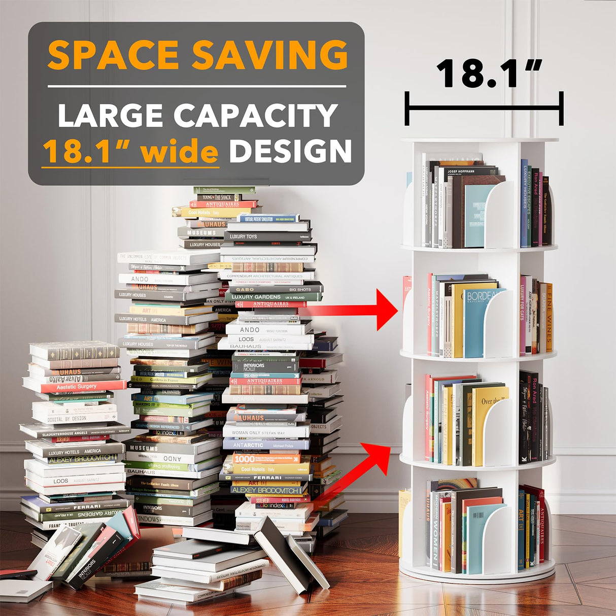 4 Tier Rotating Bookshelf Tower, Spinning Bookcase Lazy Susan,