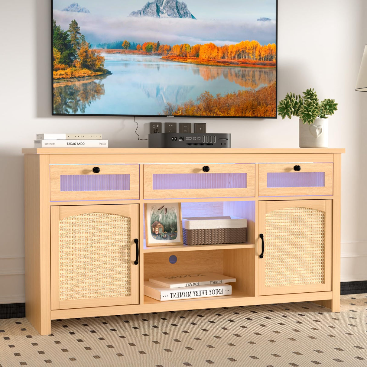 Rattan Tall Entertainment Center for 65 inch TV, Modern TV Stands for Living Room,Tall TV Stand