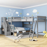 L Shaped Bunk Beds for 3, Triple Bunk Bed with Stairs and 3 Storage Drawers