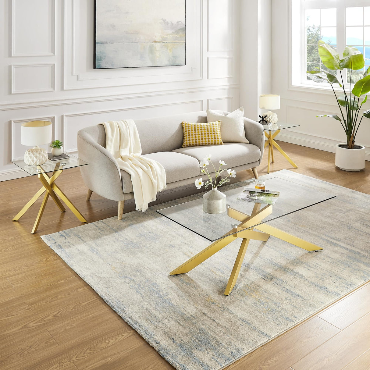 Rectangle Modern Coffee Table, Tempered Glass Top and Metal Tubular Leg,