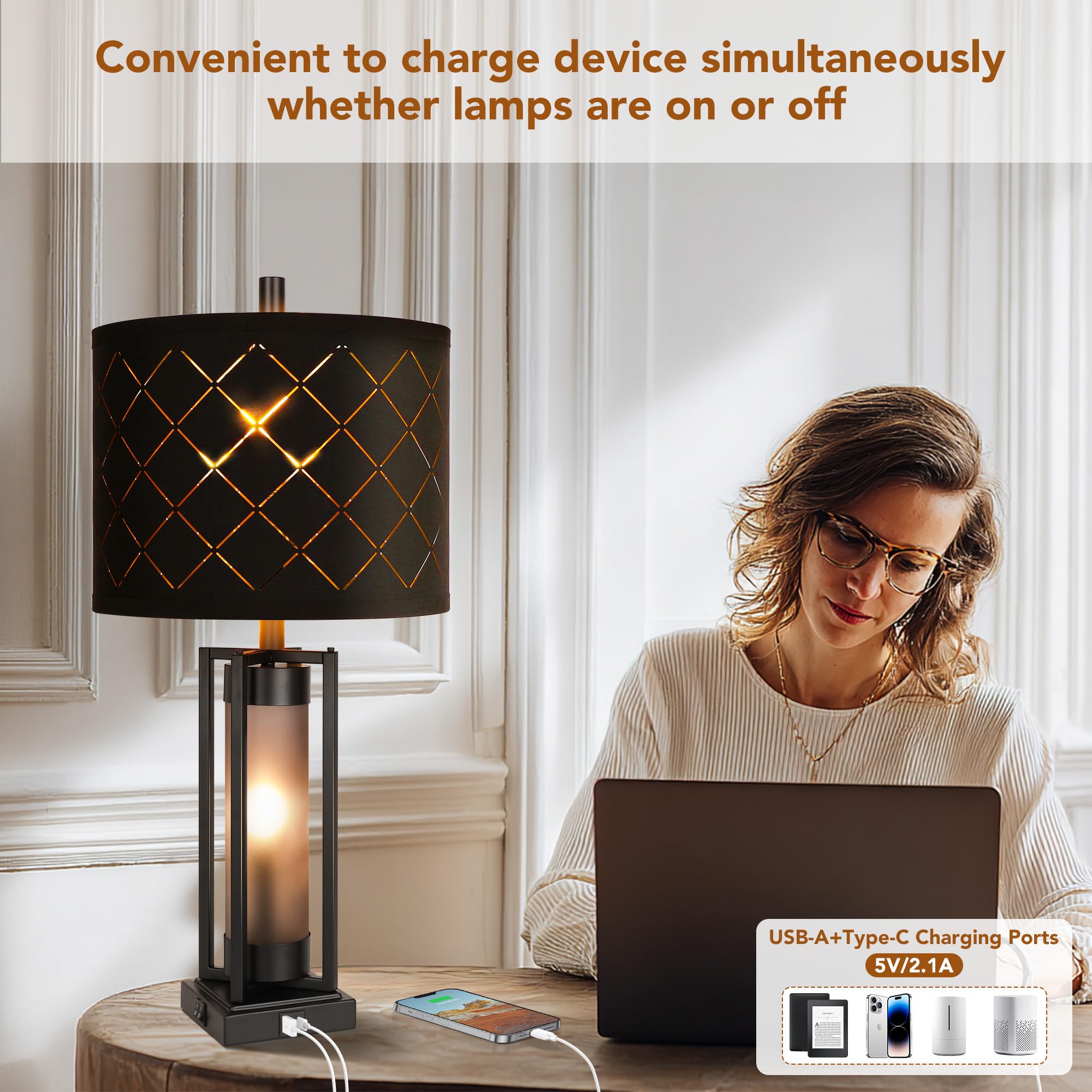 Modern Table Lamp Set of 2 with USB Charging Ports