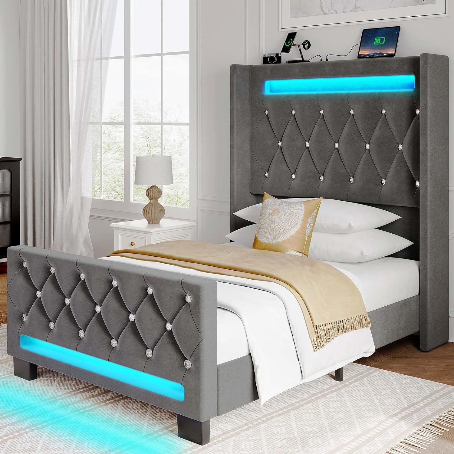 Full Bed Frame with LED Lights and Charging Station
