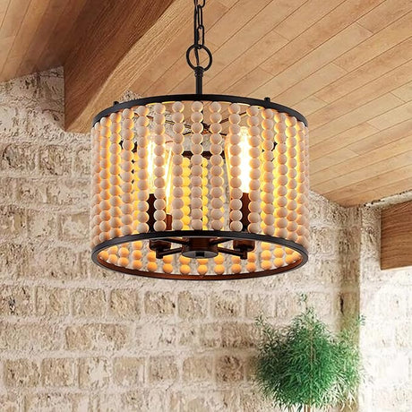 Boho Light Fixture, 3-Light Wood Beaded Chandelier, White Semi-Flush Mount Ceiling