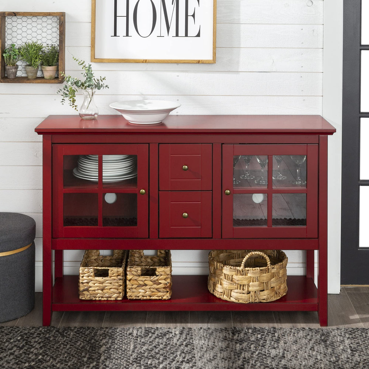 Charlotte Classic Glass Door Storage Buffet, 52 Inch, Red