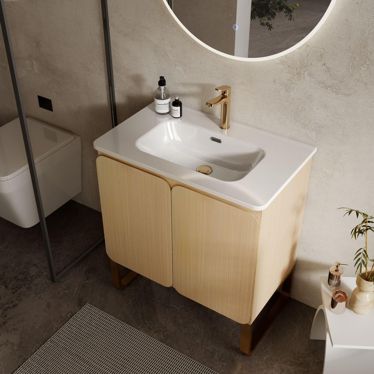 Natural Wood Bathroom Vanity Combo, Ceramic Sink Basin with Large Storage Cabinet