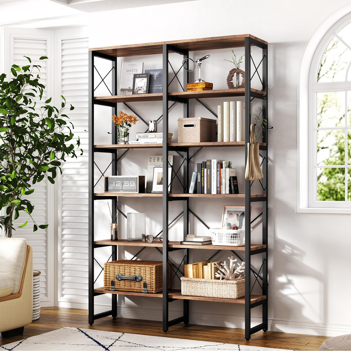 Double Wide 6-Tier Bookcase, Industrial Bookshelf with Metal Frame, Open Large Book