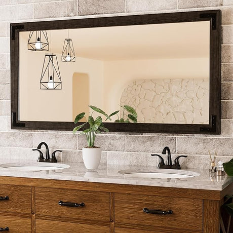 60 x 36 Inch Rustic Bathroom Mirror Wood Frame, Dark Brown Farmhouse Natural