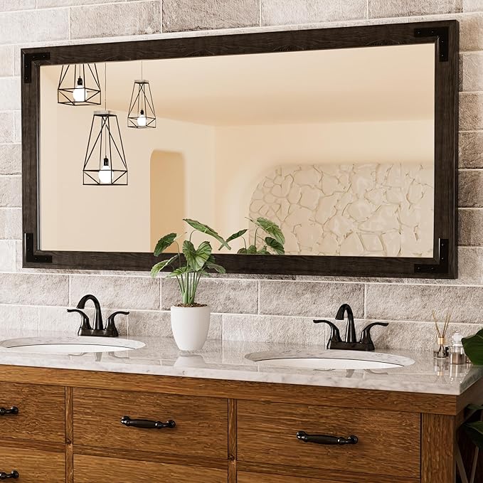 Brown Wood Framed Wall Mirror for Bathroom