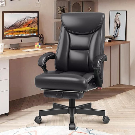 Ergonomic Office Chair, Big and Tall Executive Home Office Desk Chair, Shiny Leather Swivel Computer Chair with High Back, Wheels, Lumbar Support, Footrest（Black）