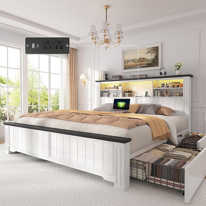e Bed Frame with Headboard, Full Bed Frame with 4 Drawers USB & LED, Farmhouse