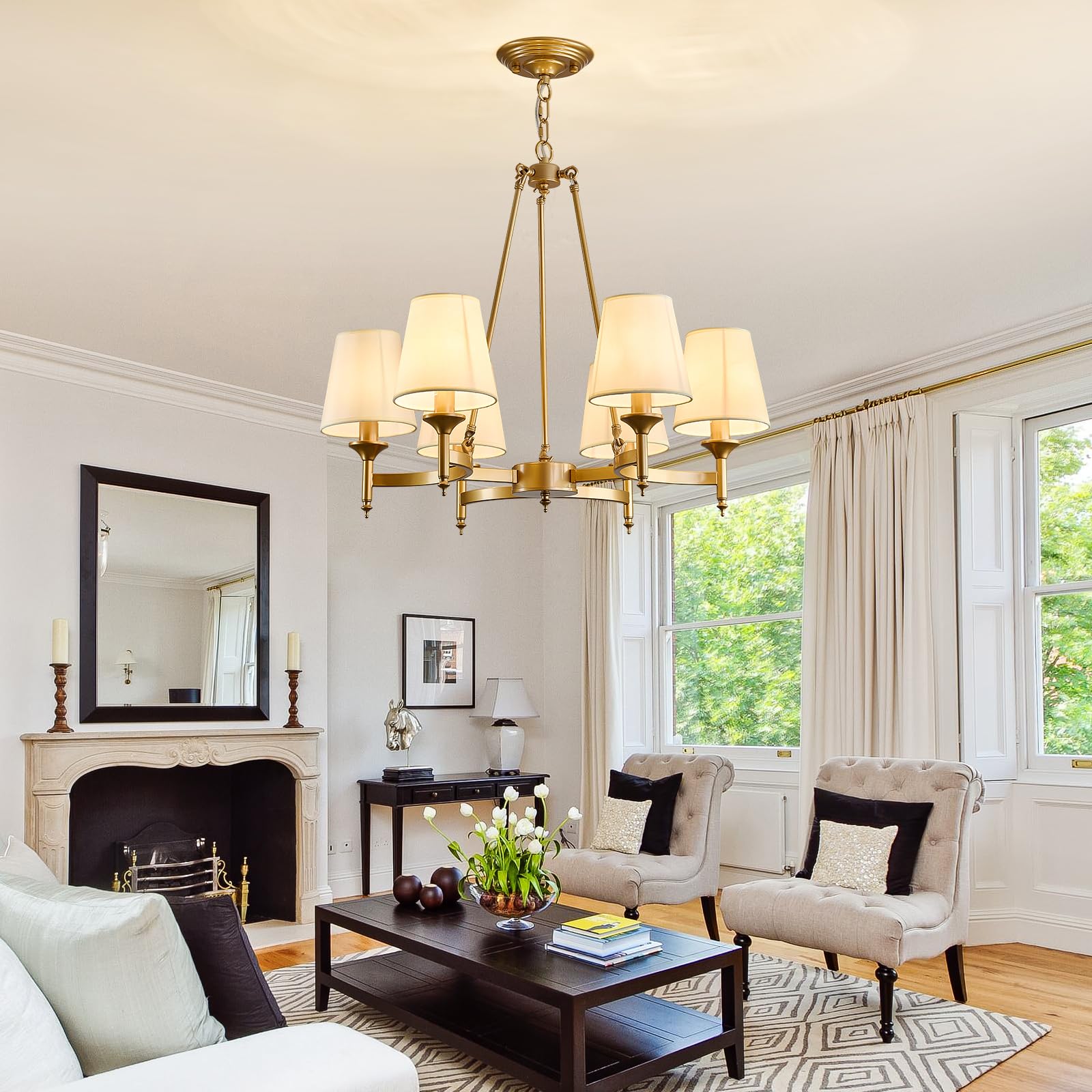 Gold Wagon Wheel Chandelier with White Linen Shade 6-Light Industrial Ceiling Light